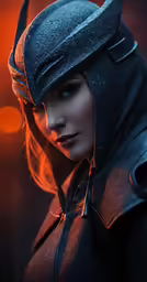 a girl with horns and ears in a black leather outfit
