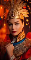 a woman in chinese clothes is wearing a golden hat