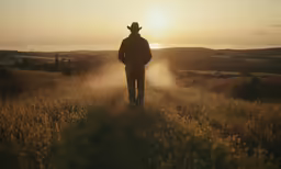 a lone cowboy is standing in the middle of the sunset
