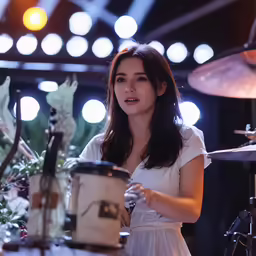 woman with short hair in white dress playing drums