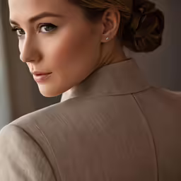 a woman wearing earrings with a dress jacket