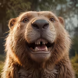a close up view of the face and mouth of a brown bear