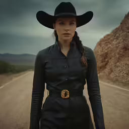 a woman is wearing black and is standing by the side of a dirt road
