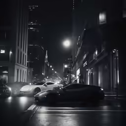 cars driving down a wet city street at night