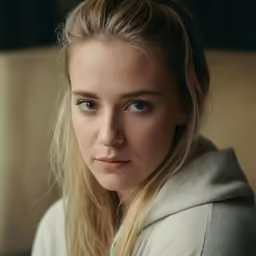 a close up image of a woman sitting in front of a chair