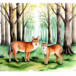 two foxes standing in the middle of a forest,two foxes standing in the woods looking at each other,a pair of foxes are shown in a wooded area,two foxes standing in the woods next to some trees,two brown foxes stand in a forest under some trees