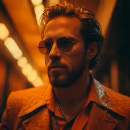 a man wearing glasses and an orange shirt looks into the distance
