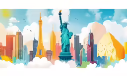 a painting of the statue of liberty surrounded by clouds