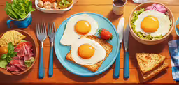 an orange colored table with blue plate containing breakfast foods,a table that has food on it and some plates