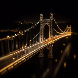 a very long bridge at night lit up by lights