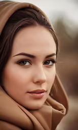 a girl with a brown head and a tan scarf over her head