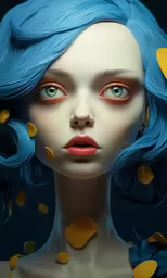 a female mannequin with blue hair, white skin and orange eyes
