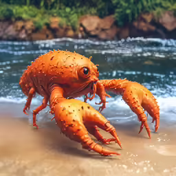 the crab is sitting on the beach by the water