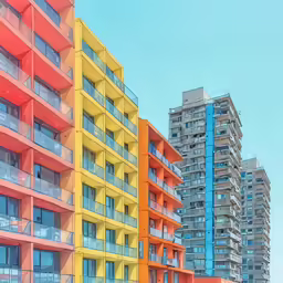 a line of tall buildings that have colorful balconies