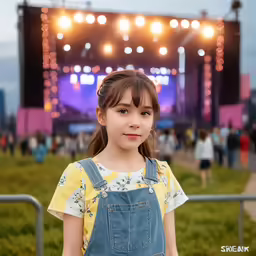 a little girl wearing denim overalls in front of a stage
