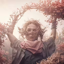 a person holding branches up over their head