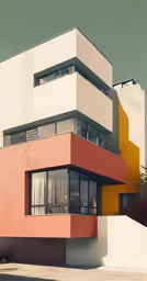 a multicolored building sits near some bushes