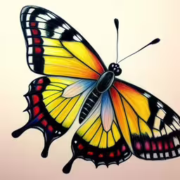 a butterfly drawing in colored pencil on a white background,the yellow butterfly is drawing on the paper,a drawing of a yellow butterfly flying through the air,colorful painting of a butterfly on a white background,a drawing of a colorful butterfly on a white background