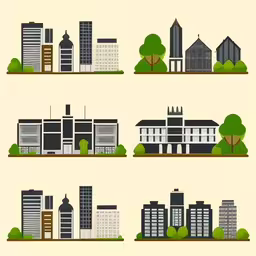 city buildings and trees icons in three flat styles,the various skylines are all different with trees and buildings