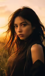 a young woman standing in the grass near a field
