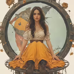 a woman in a dress sits on top of a clock