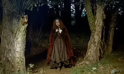 woman in costume standing in a dark forest