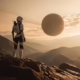 a man is standing on a rock in front of the giant ball