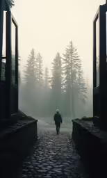 a person with backpack walking through an open door