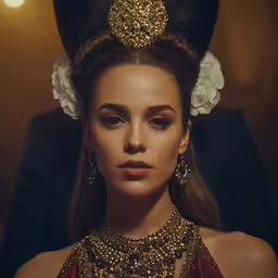 a woman wearing an elaborate golden necklace, a black hat and two large hoop earrings