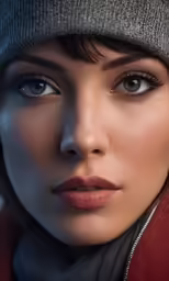 a woman with a red jacket and a hat looking at the camera