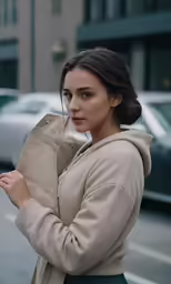 a woman carrying an envelope on the street