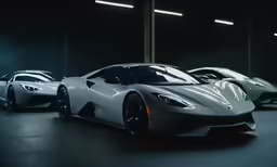 two sports cars sit in a warehouse with spotlights