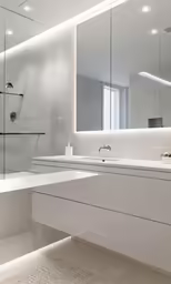 a bathroom with a long counter with mirrors above