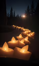 a row of lit up candles sitting in a pile on the side of the road