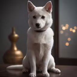 a dog sits in front of a lite background