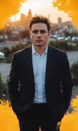 the photo shows a man wearing a white shirt and black suit