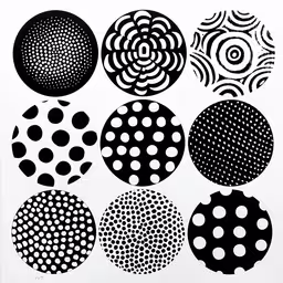 different black and white dots with one circle,different shapes, sizes and colors are arranged on a white surface