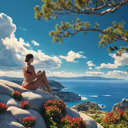 a woman sitting on top of a large boulder by the ocean