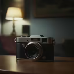 camera sitting on top of a wooden table next to a lamp