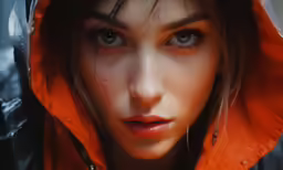 a girl with a hood on wearing an orange outfit