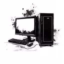 black and white photograph of a computer and keyboard