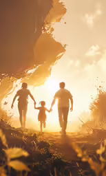 two adult people and a child are walking towards the sun