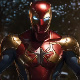 the iron man suit is shown with glowing blue eyes