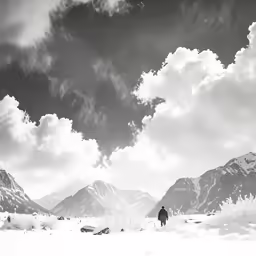 a person in the snow with mountains in the background
