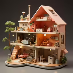 the doll house has multiple levels and has several floors