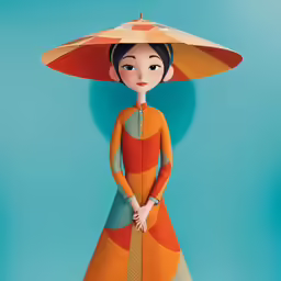 an asian woman wearing an orange and blue dress