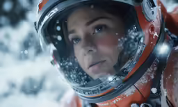 a girl wearing an orange and black space suit
