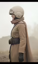 a woman in an army jacket and a helmet