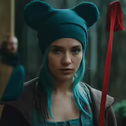 a girl with green hair wearing a teal hat and a black top