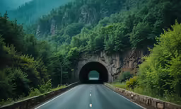 the view from a vehicle entering a tunnel of a mountain highway